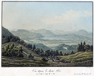 Albis  Vue depuis de mont albis vers le lac de zoug et rigi, um 1810 kolorierte Umrissradierung von Heinrich Keller