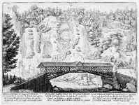 Bruecke Langnau-Gattikon  Bruecke von Langnau nach Thalwil, Stich von Conrad Meyer, 1642