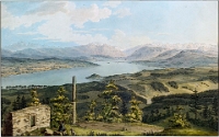 Albis  Vue du mont albis vers le lac de zurich, 1807 Kolorierte Umrissradierung von Heinrich Keller