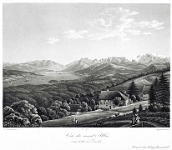 Albis  Vue du mont albis vers le lac de zurich, um 1810 Aquatinta von Franz Schmid